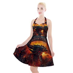 Dragon Art Fire Digital Fantasy Halter Party Swing Dress 