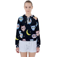 Cute-owl-doodles-with-moon-star-seamless-pattern Women s Tie Up Sweat by pakminggu