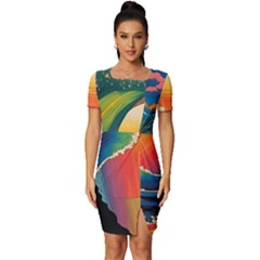 Waves Rainbow Sea Fitted Knot Split End Bodycon Dress