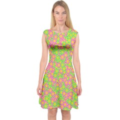 Pink Flower Background Green Pattern Capsleeve Midi Dress