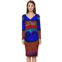 Peacock-feathers,blue 1 Long Sleeve V-neck Bodycon Dress 