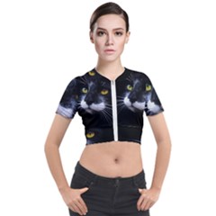 Face Black Cat Short Sleeve Cropped Jacket by Ket1n9