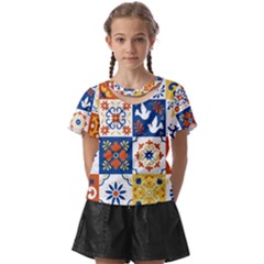 Mexican-talavera-pattern-ceramic-tiles-with-flower-leaves-bird-ornaments-traditional-majolica-style- Kids  Front Cut T-shirt by Ket1n9