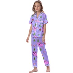 Flower Pink Pig Piggy Seamless Kids  Satin Short Sleeve Pajamas Set by Ravend
