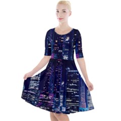 Black Building Lighted Under Clear Sky Quarter Sleeve A-line Dress by Modalart