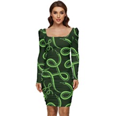 Snakes Seamless Pattern Women Long Sleeve Ruched Stretch Jersey Dress by Bedest