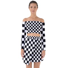 Black White Checker Pattern Checkerboard Off Shoulder Top With Skirt Set