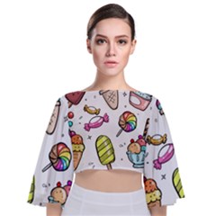 Doodle Cartoon Drawn Cone Food Tie Back Butterfly Sleeve Chiffon Top by Hannah976