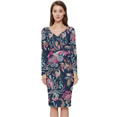 Coorful Flowers Pattern Floral Patterns Long Sleeve V-neck Bodycon Dress 