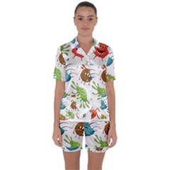 Dangerous Streptococcus Lactobacillus Staphylococcus Others Microbes Cartoon Style Vector Seamless P Satin Short Sleeve Pajamas Set by Ravend