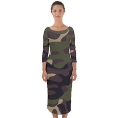 Texture Military Camouflage Repeats Seamless Army Green Hunting Quarter Sleeve Midi Bodycon Dress