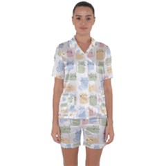 Cute Cat Colorful Cartoon Doodle Seamless Pattern Satin Short Sleeve Pajamas Set by Ravend