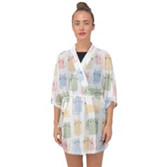 Cute Cat Colorful Cartoon Doodle Seamless Pattern Half Sleeve Chiffon Kimono by Ravend
