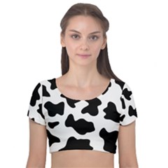 Animal Print Black And White Black Velvet Short Sleeve Crop Top  by Ket1n9