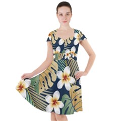 Seamless Pattern With Tropical Strelitzia Flowers Leaves Exotic Background Cap Sleeve Midi Dress