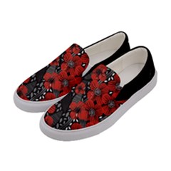 Red And Black Floral Flower Stylish Womens Slip Ons by CoolDesigns