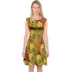 Peacock Feathers Green Yellow Capsleeve Midi Dress