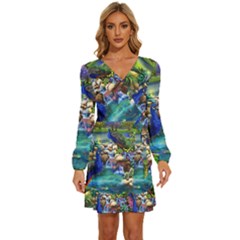 Peacocks In Garden Long Sleeve Waist Tie Ruffle Velvet Dress by Ndabl3x