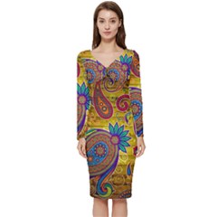 Pattern, Abstract Pattern, Colorful, Long Sleeve V-neck Bodycon Dress 