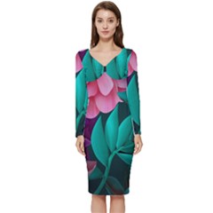 Flowers, Mate, Pink, Purple, Stock Wall Long Sleeve V-neck Bodycon Dress 