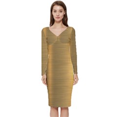 Golden Textures Polished Metal Plate, Metal Textures Long Sleeve V-neck Bodycon Dress 