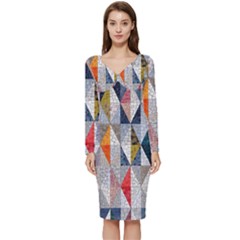 Mosaic, Colorful, Rhombuses, Pattern, Geometry Long Sleeve V-neck Bodycon Dress 