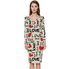 Love Abstract Background Love Textures Long Sleeve V-neck Bodycon Dress 