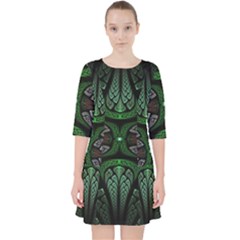 Fractal Green Black 3d Art Floral Pattern Quarter Sleeve Pocket Dress