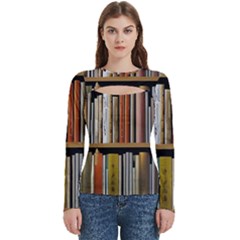 Book Nook Books Bookshelves Comfortable Cozy Literature Library Study Reading Reader Reading Nook Ro Women s Cut Out Long Sleeve T-shirt