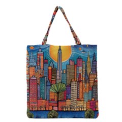 City New York Nyc Skyscraper Skyline Downtown Night Business Urban Travel Landmark Building Architec Grocery Tote Bag