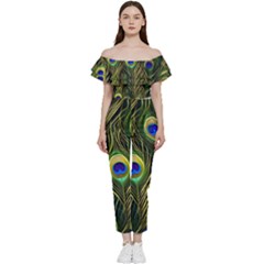 Peacock Pattern Bardot Ruffle Jumpsuit