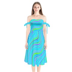 Pattern Swirl Pink Green Aqua Shoulder Tie Bardot Midi Dress