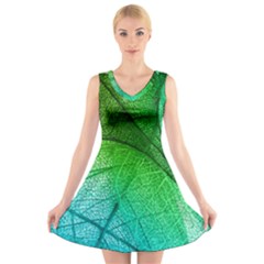 3d Leaves Texture Sheet Blue Green V-neck Sleeveless Dress