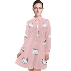 Cute Cat Cartoon Doodle Seamless Pink Pattern Long Sleeve Chiffon Shirt Dress by Grandong