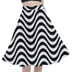 Black White Wave Pattern Wavy Water Seamless A-line Full Circle Midi Skirt With Pocket