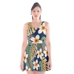 Seamless Pattern With Tropical Strelitzia Flowers Leaves Exotic Background Scoop Neck Skater Dress