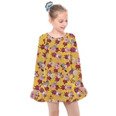 Cartoon Xmas Characters Pattern Kids  Long Sleeve Dress by kyorashop23