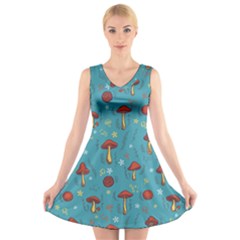 Whimsical Mushroom Pattern V-neck Sleeveless Dress