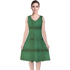 Green Diamond Grid Pattern V-neck Midi Sleeveless Dress 