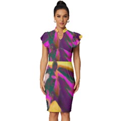 Vibrant Abstract Equine Art Vintage Frill Sleeve V-neck Bodycon Dress by ExtraAwesomeSauce