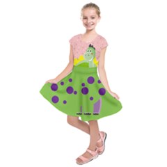 Green Cute Apatosaurus Print Kids  Short Sleeve Dress