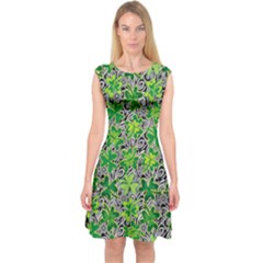 Black & White Artistic Flowers With Shamrock Capsleeve Midi Dress