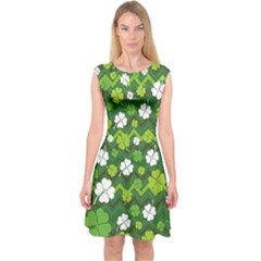 Olive Zigzag Lucky Clover Pattern Capsleeve Midi Dress