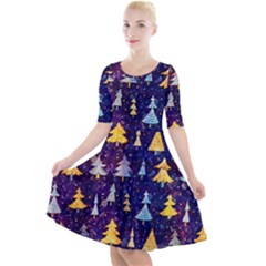 Gold And Blue Trees, Adoxali, Christmas Quarter Sleeve A-line Dress