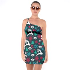 Holiday Season Pattern One Shoulder Ring Trim Bodycon Dress