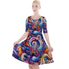 Dynamic Color Vortex Quarter Sleeve A-line Dress With Pockets