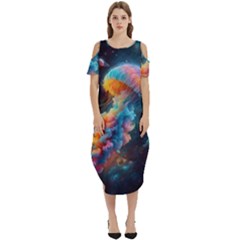 Cosmic Jellyfish Artwork Cold Shoulder Loose Fit Dress With Pockets by ExtraAwesomeSauce