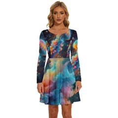 Cosmic Jellyfish Artwork Long Sleeve Wide Neck Velvet Dress by ExtraAwesomeSauce