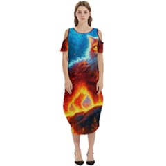 Enchanted Fire Feline Cold Shoulder Loose Fit Dress With Pockets by ExtraAwesomeSauce