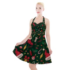 Texture, Pattern, Red, Craciun, Christmas, Hat, Santa, Green Halter Party Swing Dress 